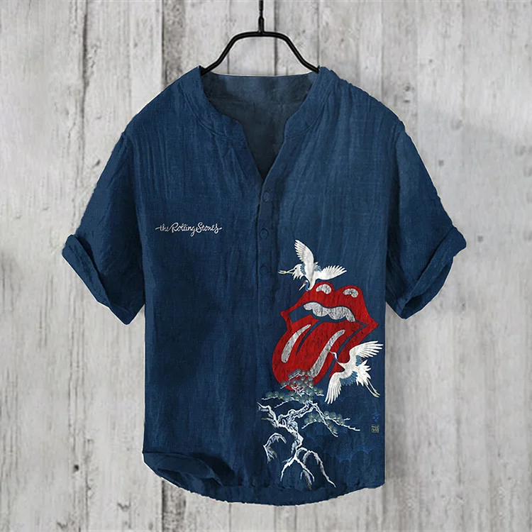 Vintage Crane Pine Tree Art Stones Fun Waves Lips Graphics Linen Blend Shirt