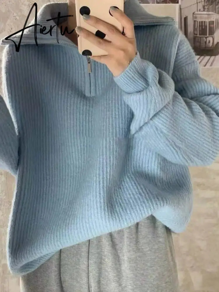 Aiertu Women Sweater Oversize Zipper Knitted Pullover Long Sleeve Solid Color Loose Ladies Sweaters Autumn Winter Women's Turtleneck Aiertu
