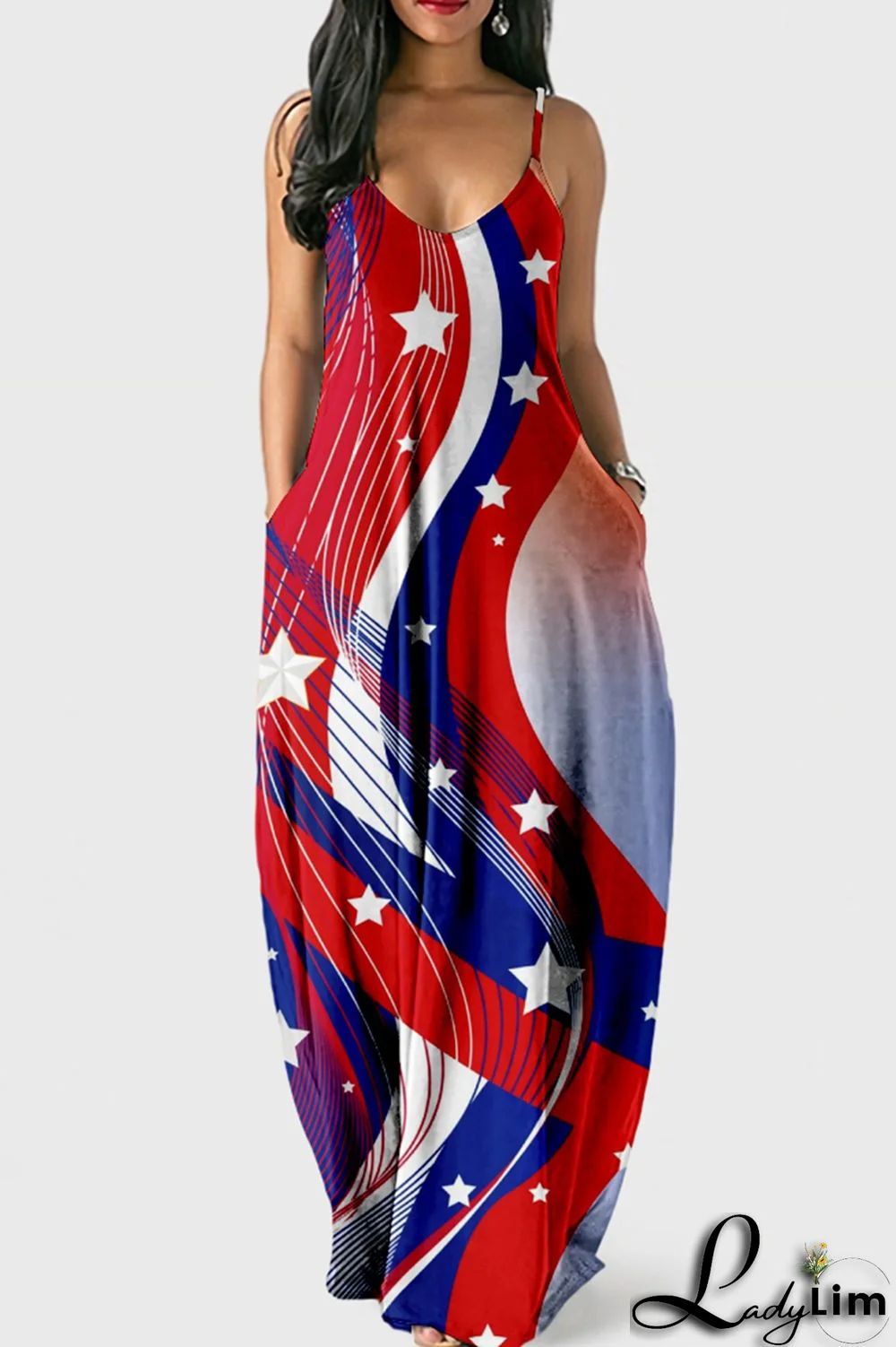 White Blue Fashion Sexy Print Backless Spaghetti Strap Long Dress