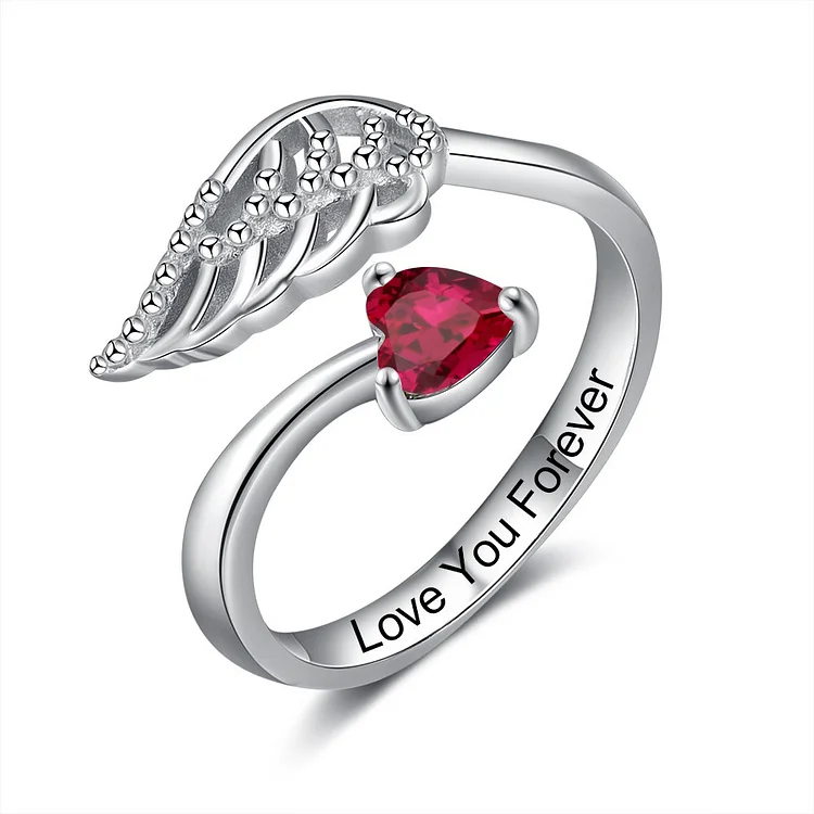 Personalized Angel Wing Ring with Ruby Stone Open Ring Gift for Her