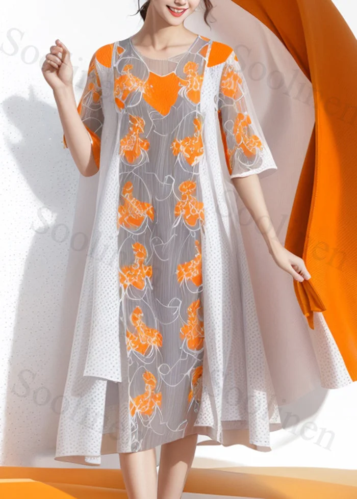 DIY Grey Asymmetrical Patchwork Print Silk Long Dress Summer