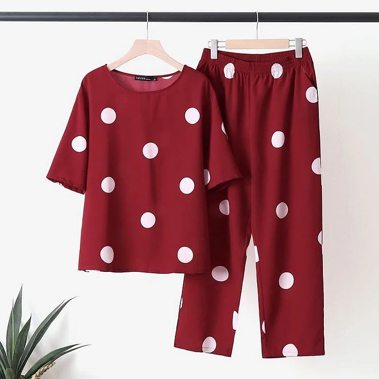Polka dot top and pants two-piece set