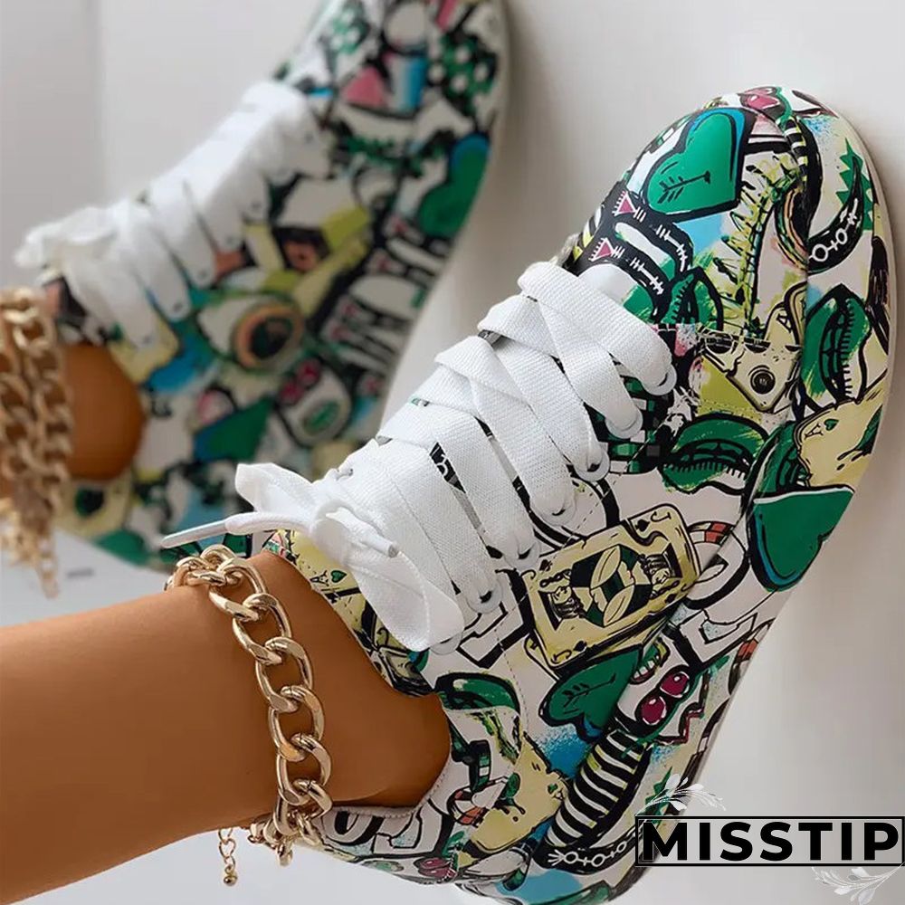 Black Fashion Casual Bandage Graffiti Round Comfortable Out Door Shoes
