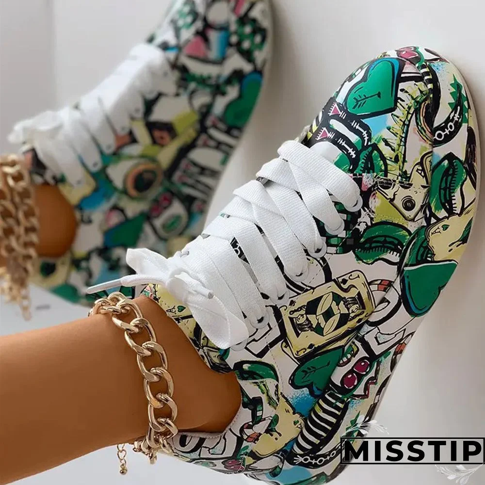 Black Fashion Casual Bandage Graffiti Round Comfortable Out Door Shoes