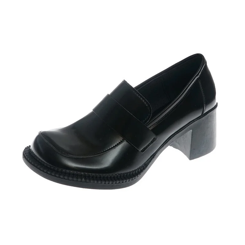 Transparent Pearl High Heels Shoes Woman Big Round Toe Patent Leather Pumps Women Retro Slip On Chunky Heels Lolita Shoes