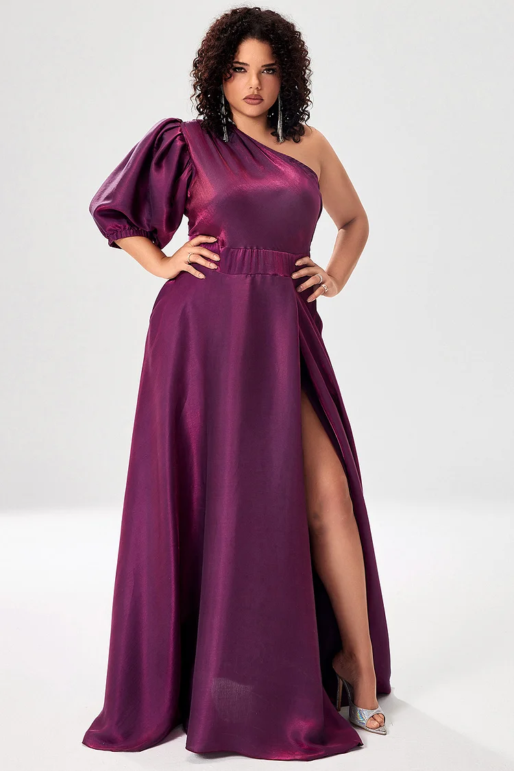 Xpluswear Design Plus Size Formal Dress Red One Shoulder Split Ruffle Maxi Dresses 