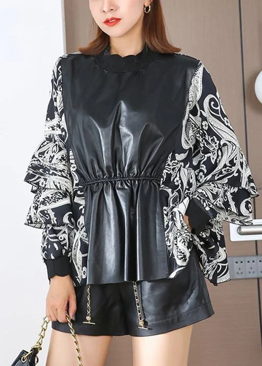 Loose Black O-Neck Print Faux Leather Patchwork Top Butterfly Sleeve