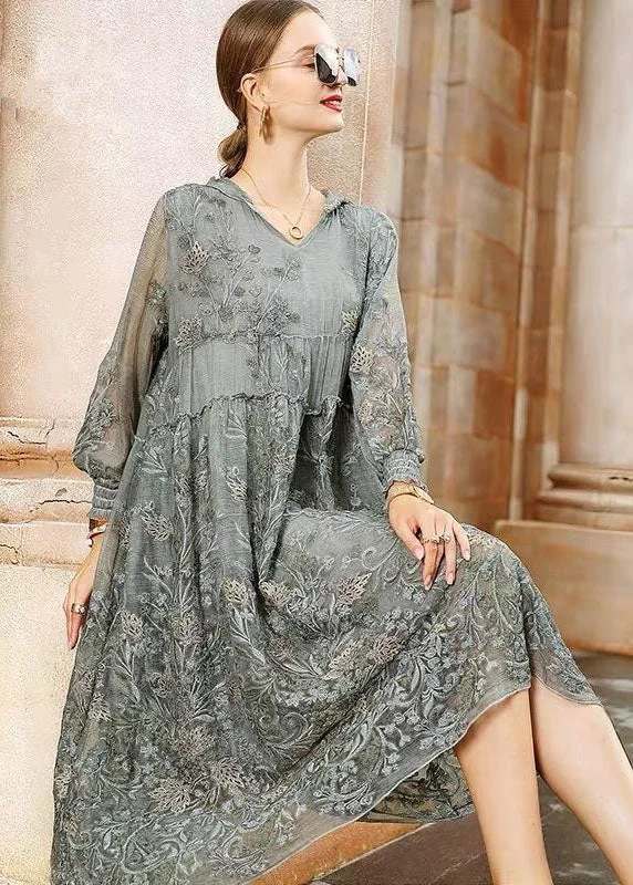 Italian Grey Hooded Embroideried Patchwork Tulle Dresses Spring