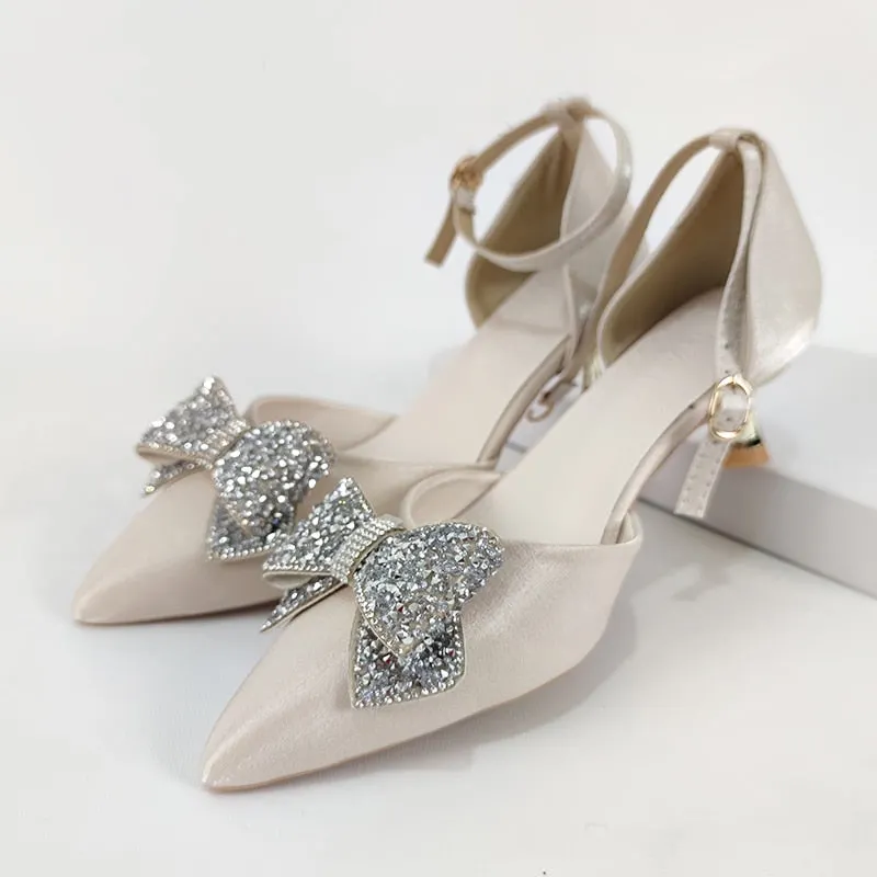 Crystal Bowknot Pumps For Women Ankle Strap Thin High Heels Shoes Woman Spring 2022 Sexy Pointed Toe Slik Wedding Shoes