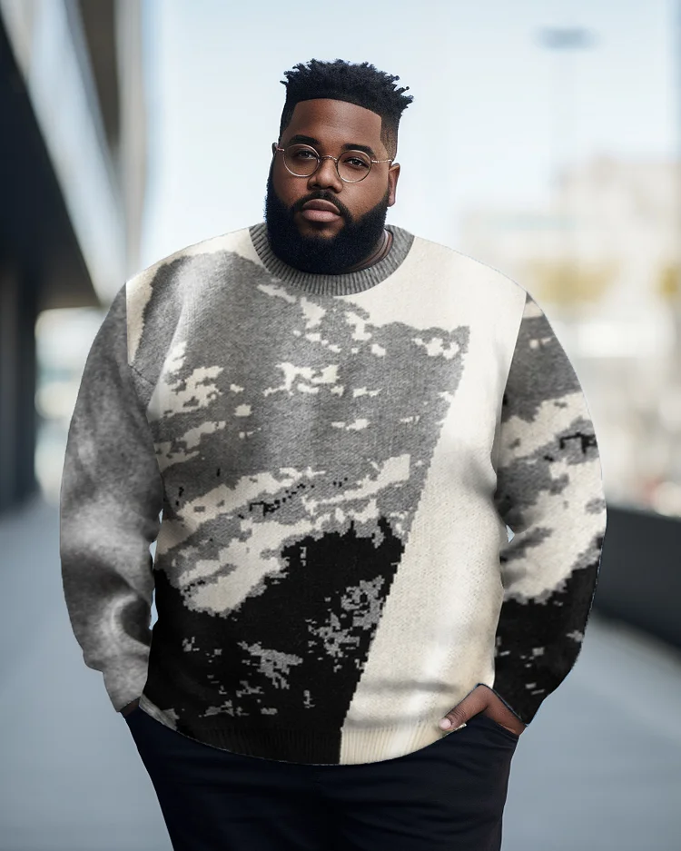 Men's Plus Size Casual Landscape Pattern Jacquard Warm Long Sleeve Crew Neck Sweater