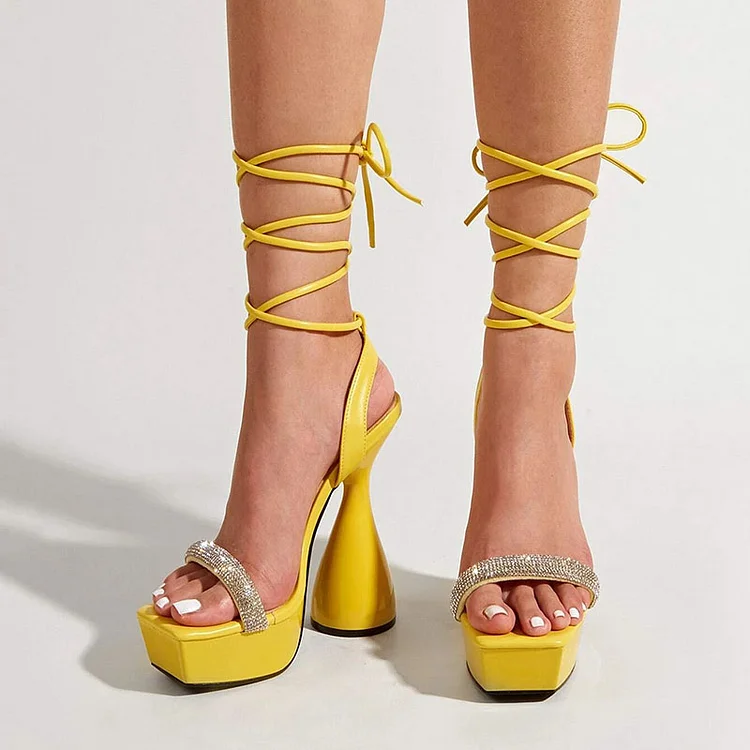 Yellow Platform High Heels Rhinestones Strap Shoes Platform Sandals |FSJ Shoes