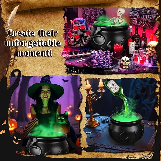 Halloween cauldron glowing in a dark room