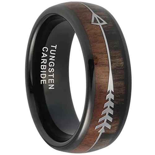 Women's Or Men's Tungsten Carbide Wedding Band Matching Rings,Black Cupid's Arrow over Wood Inlay,Tungsten Ring with High Polish Dark Wood Inlay,Domed Top Ring With Mens And Womens Rings For 4MM 6MM 8MM 10MM