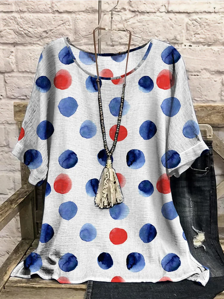 Women Short Sleeve Scoop Neck Printed Polka Dot Women Tops