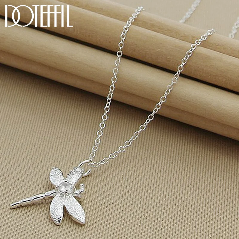 DOTEFFIL 925 Sterling Silver Dragonfly  AAA zircon Pendants Necklace 18 inch Chain For Woman Jewelry