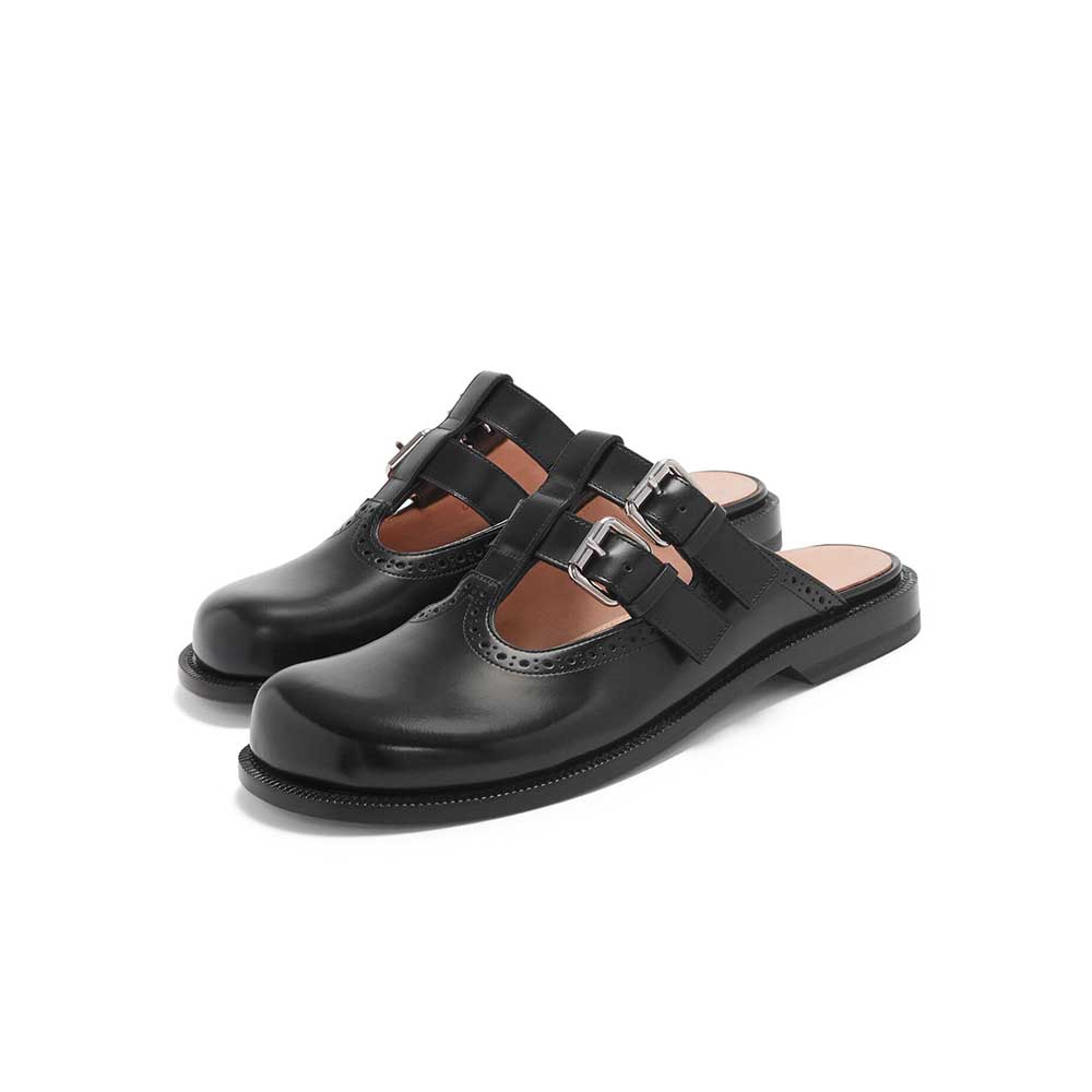 Black Round Toe Buckle Fastening Strap Comfy Flat Mules for Women Nicepairs