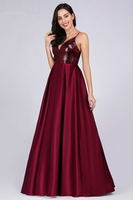 Glamorous Burgundy Sequins V-Neck Long Prom Dress Online