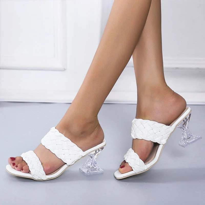 2022 New Summer Women Mules Design Slippers Sandal Slides Braided Cord 7cm Transparent Fretwork Heels Women Shoes Female