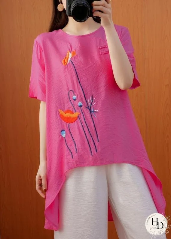 Simple O-Neck Summer Blouse Work Outfits Rose Tops
