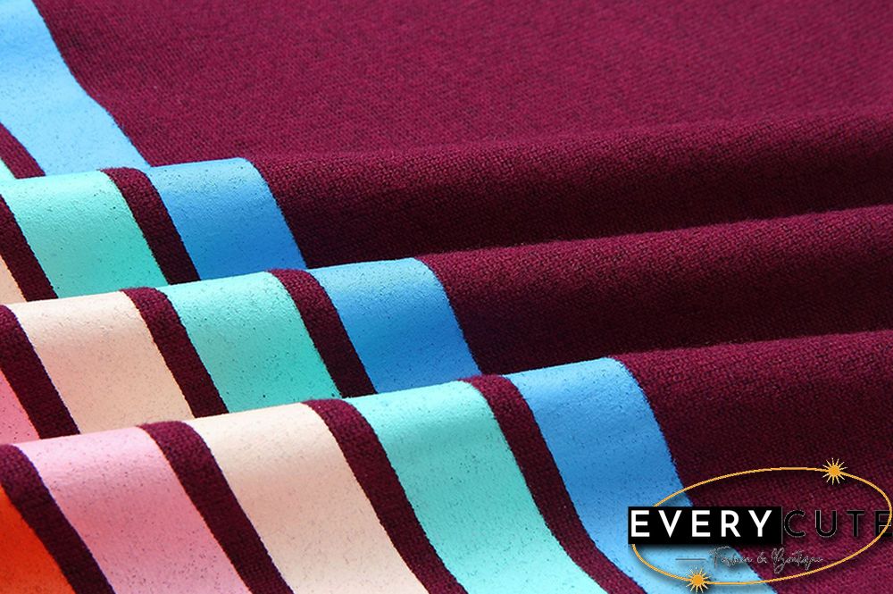 Wine Red Long Sleeve Colorful Strip Shirt