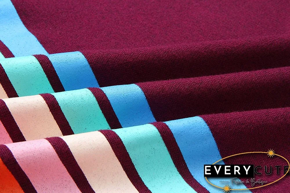 Wine Red Long Sleeve Colorful Strip Shirt