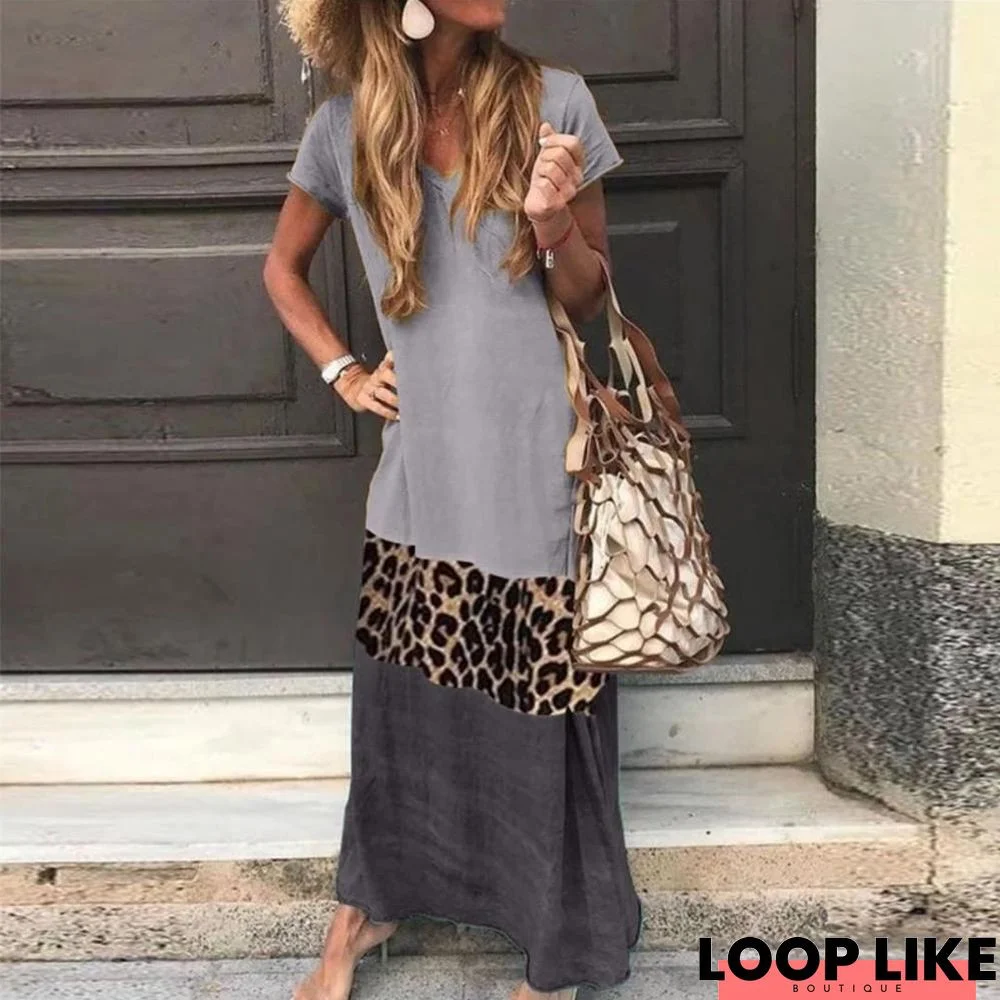 Color Stitching Leopard Print Maxi Dress