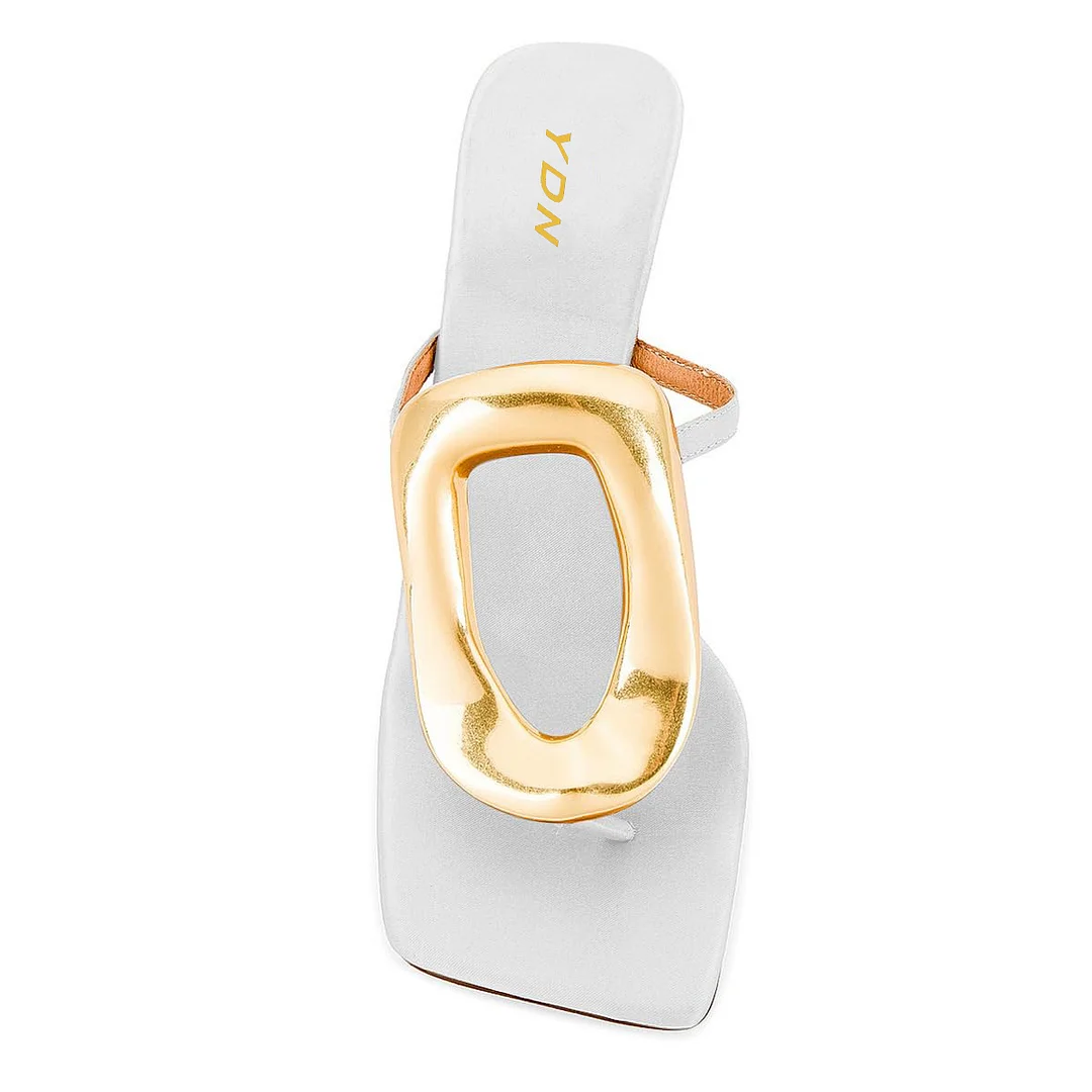 Satin Square Toe Gold Buckle Strappy Sandals with Wedge Heel in White