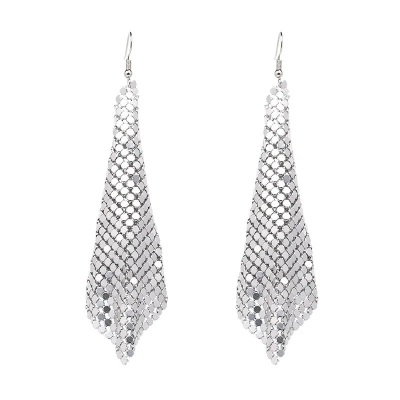 Fashion Creative Square Geometric Metal Sequins Long Tassel Earrings