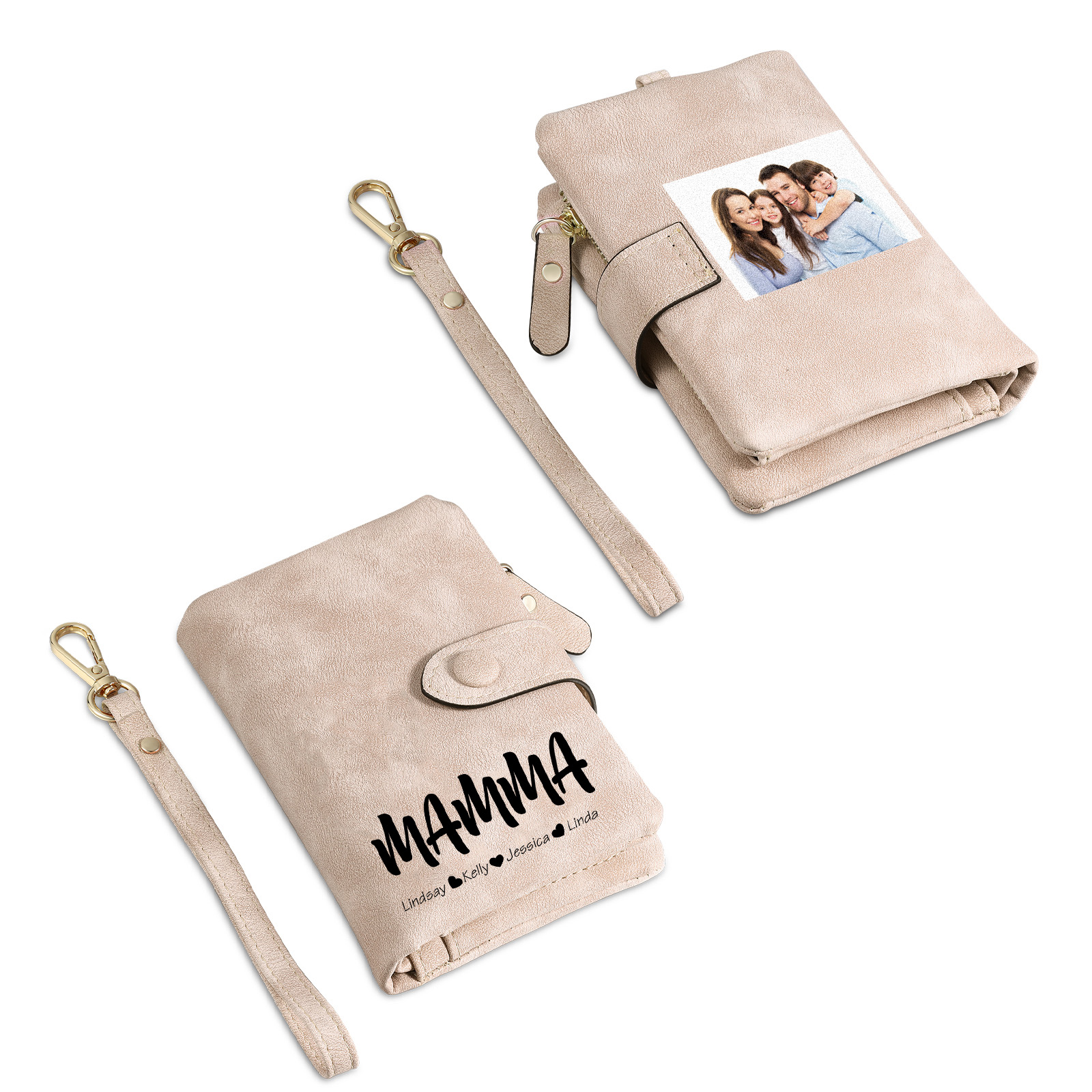 Portafoglio in PU pelle con 4 nomi & 2 testi & 1 foto personalizzati per mamma