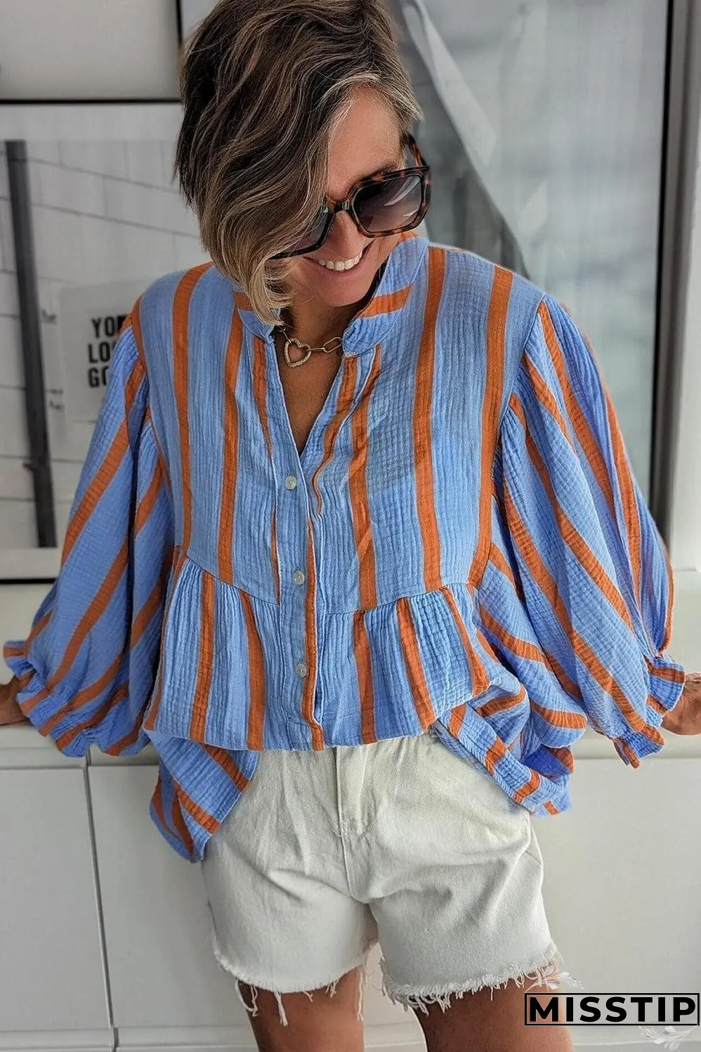 Sky Blue Stripe Crinckled Ruffled Sleeve Button up Loose Shirt