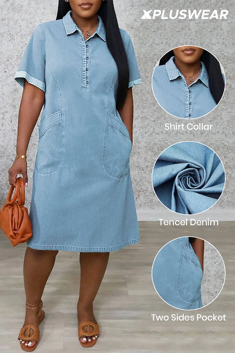 Plus Size Vacation Blue Shirt Collar Short Sleeve Casual Tencel Denim Midi Dresses [Pre-Order]