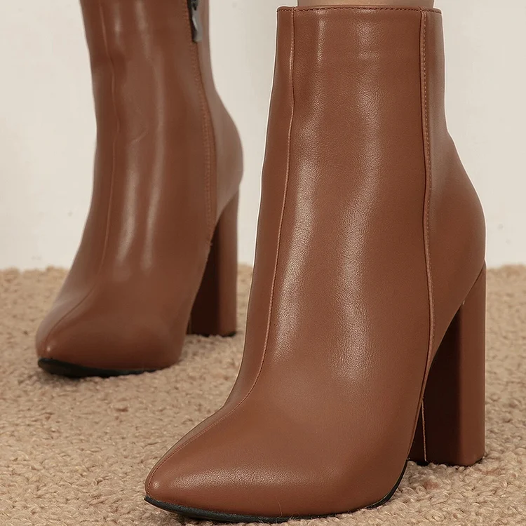 Brown Chunky Heel Boots Pointed Toe Shoes Side Zipper Ankle Boots |FSJ Shoes