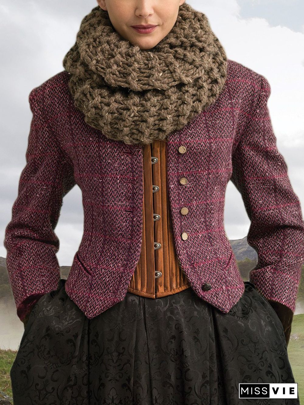 Brown Paneled Long Sleeve Plaid Knit coat