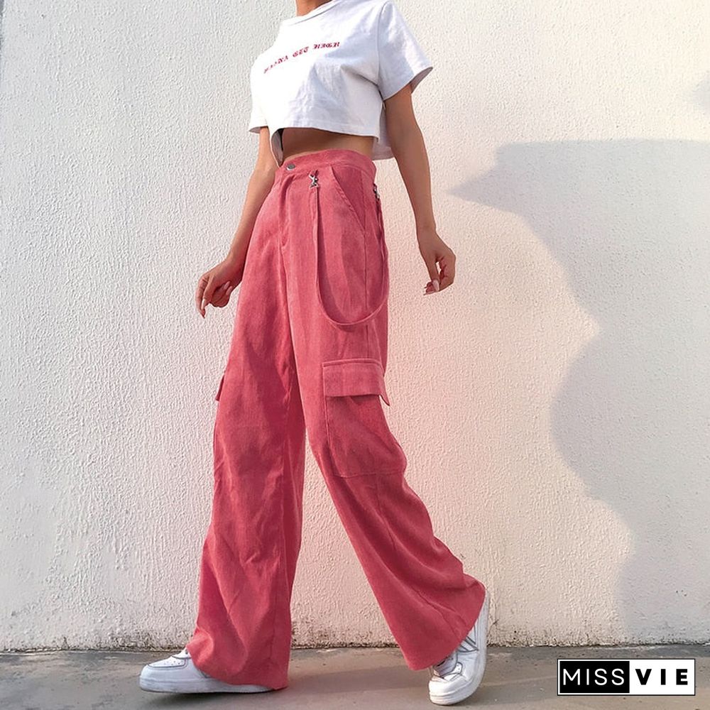 Weekeep Women Casual Pockets Patchwork Cargo Pants High Waist Straight Trousers Women Pants