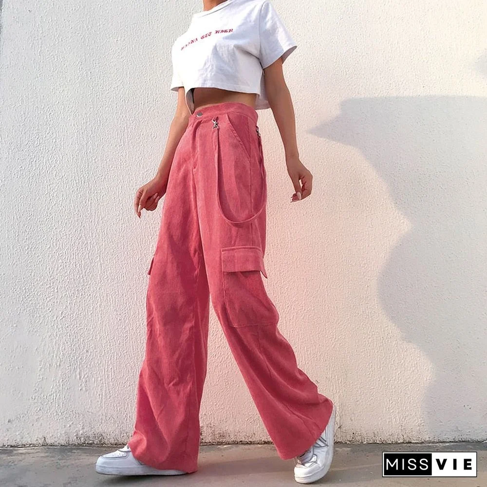 Weekeep Women Casual Pockets Patchwork Cargo Pants High Waist Straight Trousers Women Pants