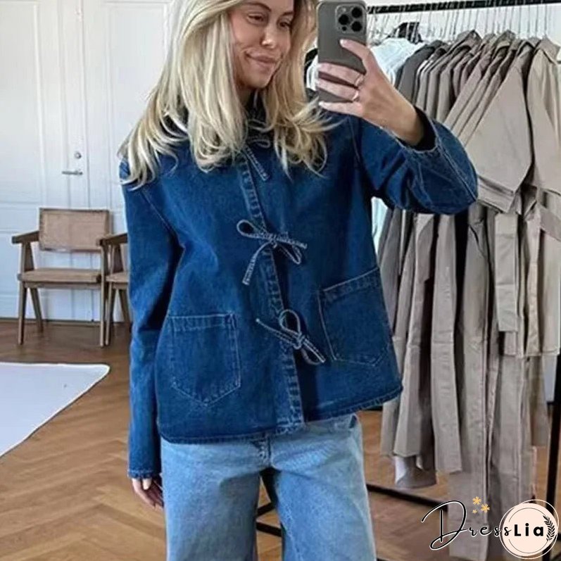Women Fashion Lapel Collar Lace Up Blouses Female Casual Long Sleeves With Pockets Solid Denim Outerwear