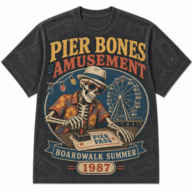 Surf Pier Bones Cotton T-Shirt - Black / Orange / Tan