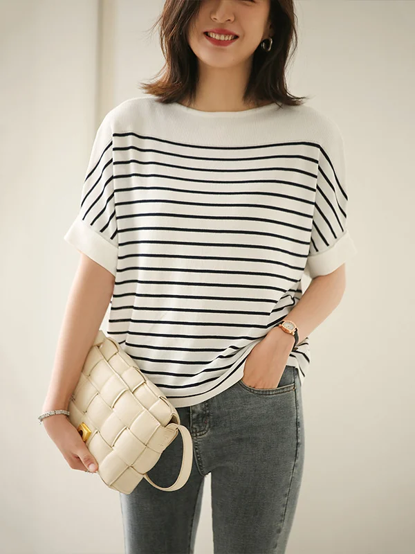 Urban Batwing Sleeves Loose Contrast Color Striped Knitting T-Shirt