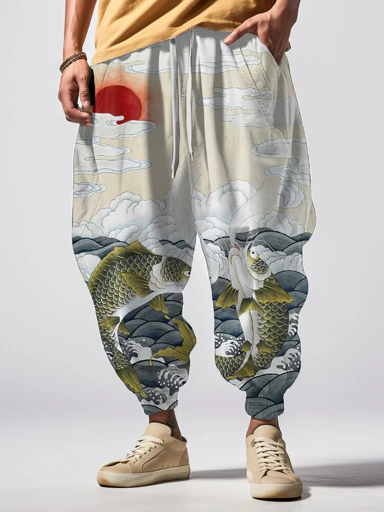 Men's Japan Ukiyo-E Sunset Koi Carp Wave Art Loose Drawstring Waist Sweatpants