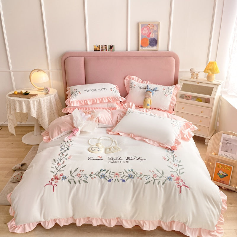 Korean Ins Cute Bedding Set Ruffle Pillowcase Cotton Flat Bed Sheets Queen  Size Simple Girl Princess Style Fitted …