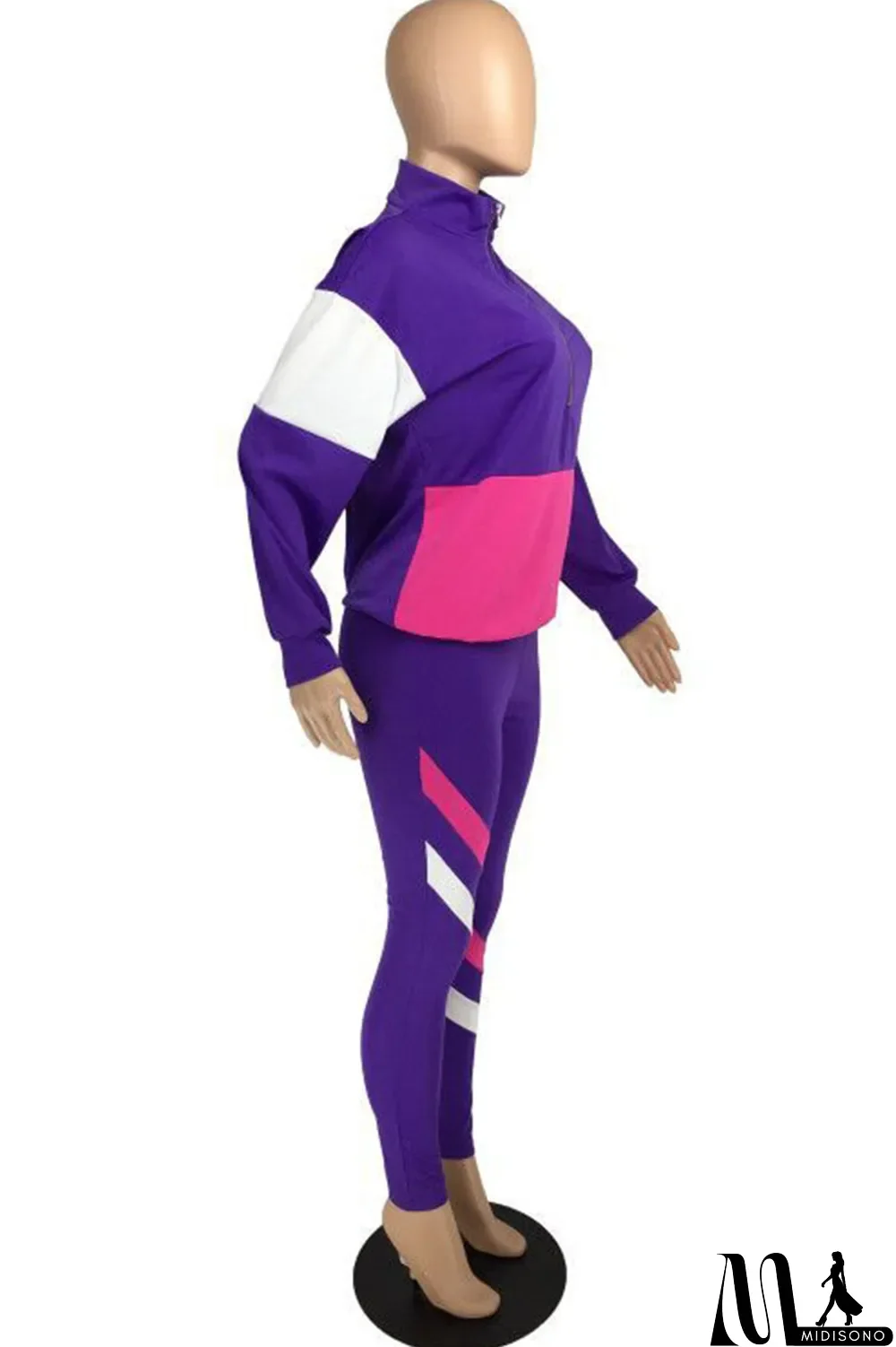 MidiSono - Fluorescent green Casual Striped Print Zippered Split Joint Mandarin Collar Long Sleeve Two Pieces