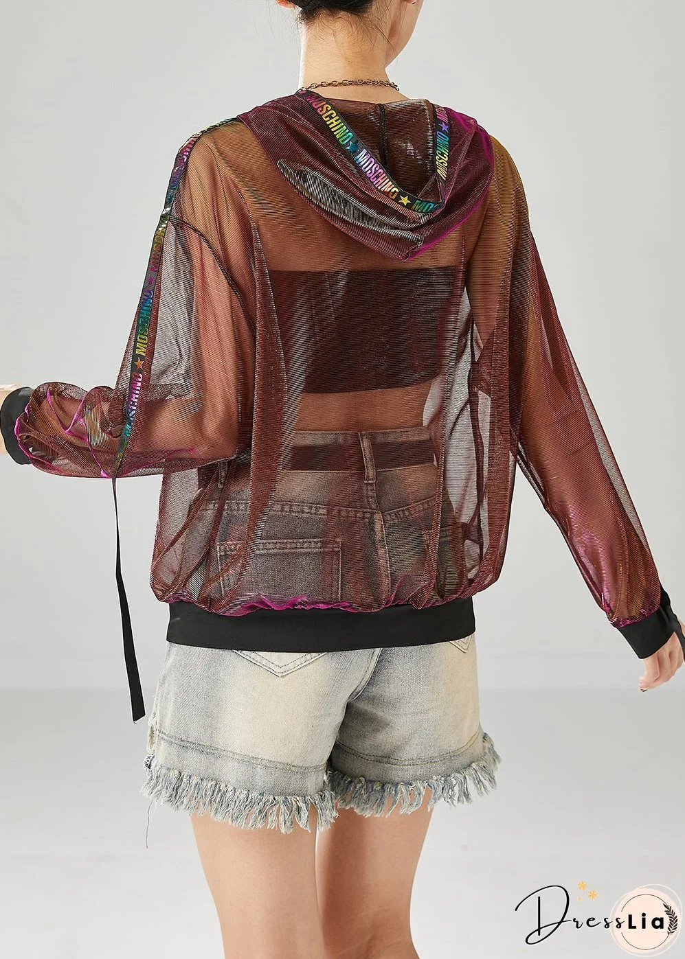 Italian Brown Hooded Patchwork Hollow Out Tulle Coats Fall