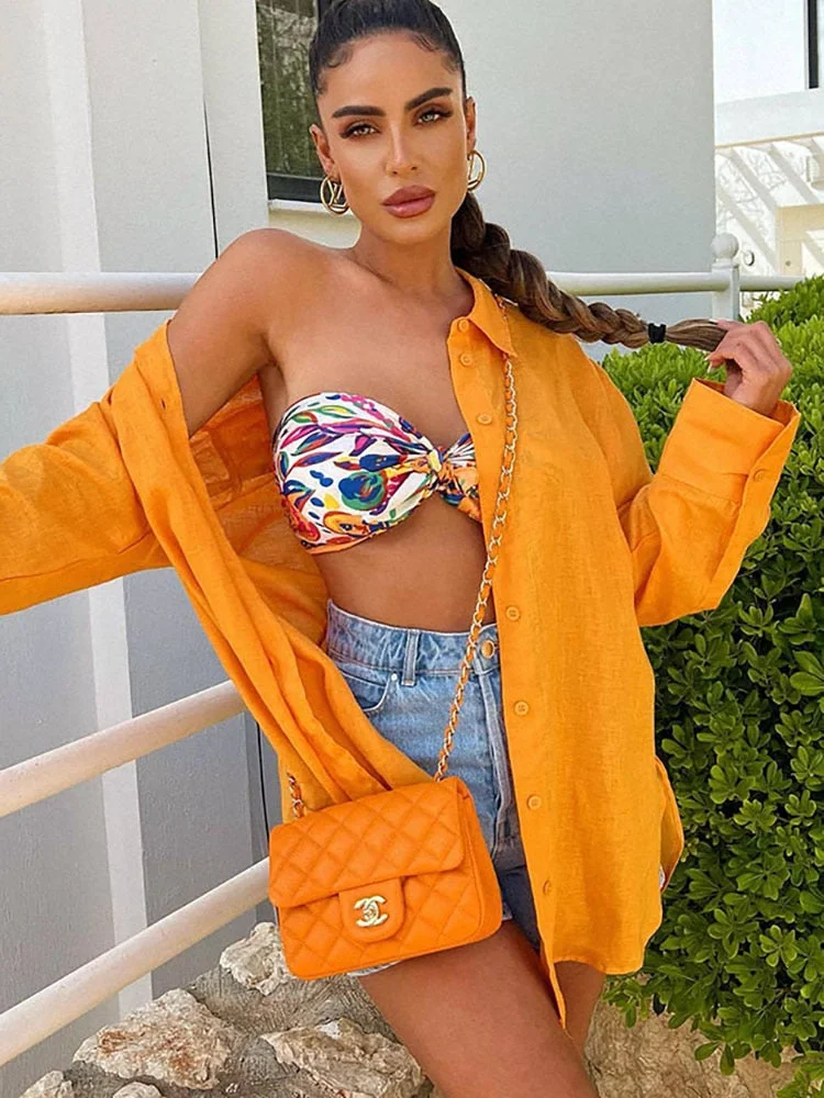 Back to school  Women Fashion Vintage Orange Linen Shirt Lapel Loose Single Breasted Long Sleeve Shirt Jacket Chic Office Oversized Shirt