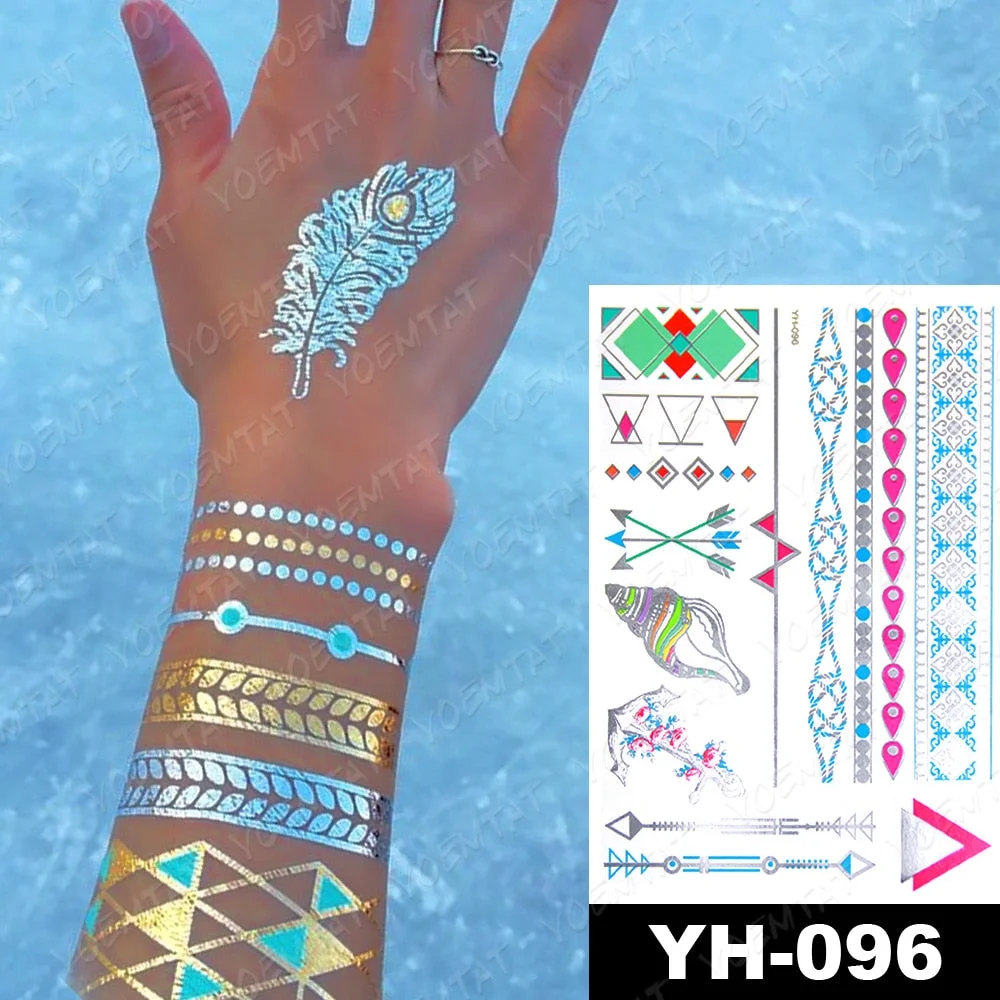 Waterproof Temporary Tattoo Sticker Gold Silver Henna Indian Hand Painted Glitter Tattoos Women Mandala Flower Feather Body Art