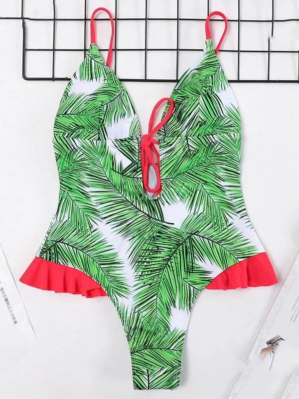 Leave-Print Bandage One-Piece Swimwear