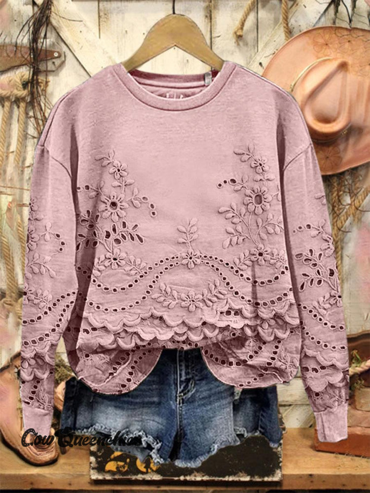 Vintage Lovely Lace Floral Pattern Art Print Casual Sweatshirt Pink / S