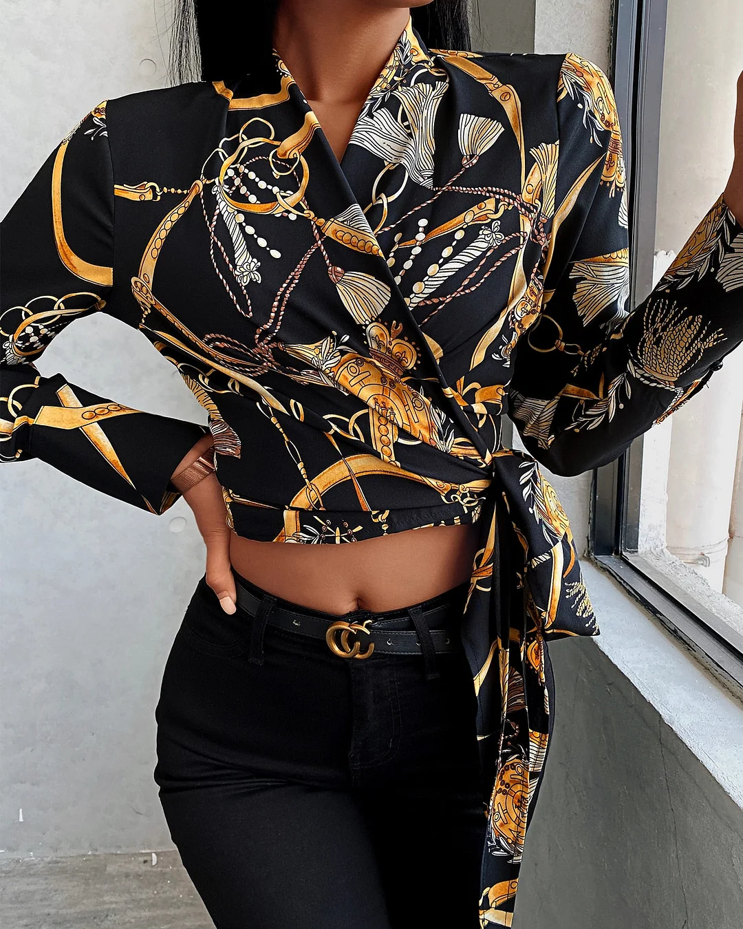 Billlnai  Graduation Party 2023 Women's Shirt Casual Autumn Spring Fashion Elegant Scarf Chain Print Tie Front Wrap Top Femme V Neck Blouse Baroque Chic