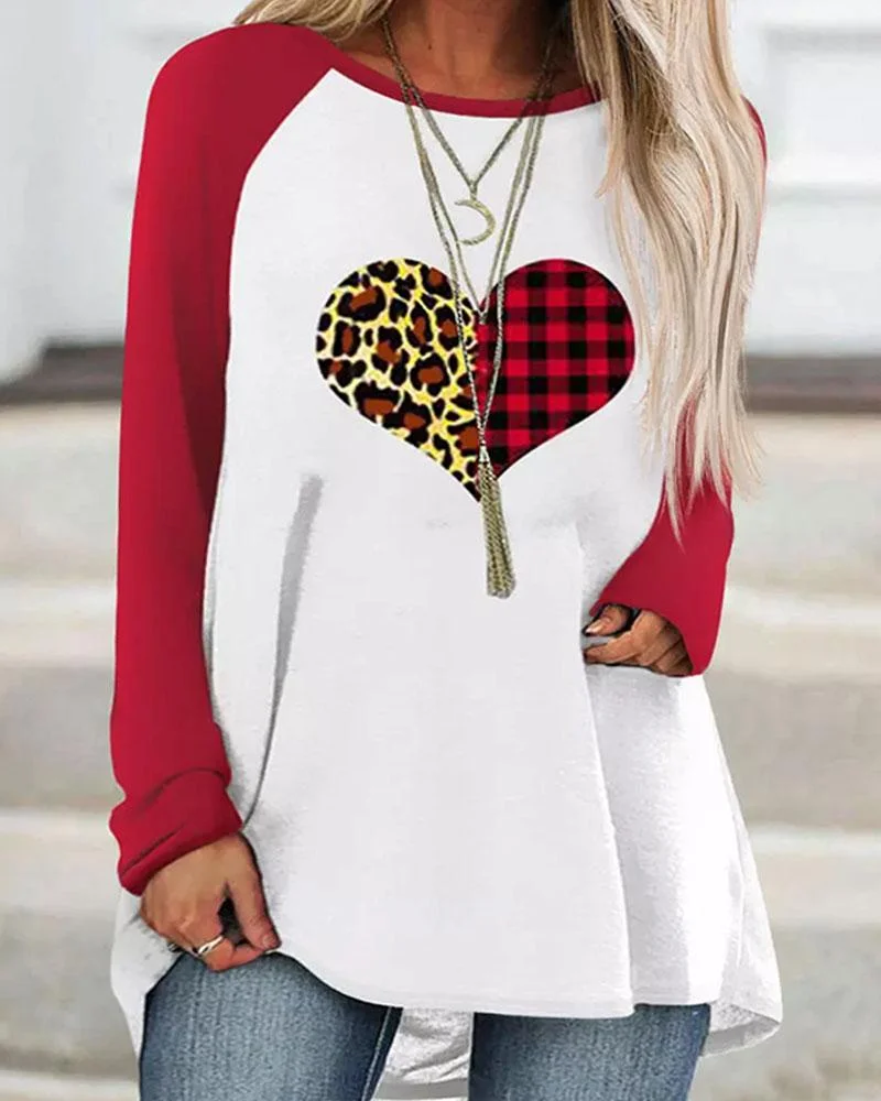 Women's Leopard Plaid Heart Print Round Neck Long Sleeve Plus Size Top