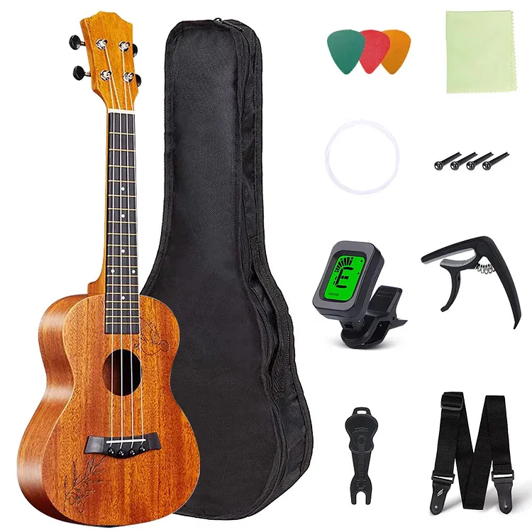 Soprano Ukulele for Beginners, 23 Inch Professional Mahogany Ukelele Kit With Nylon Gig Bag, Strap, Clip-on Digital Tuner, Extra Strings, Small Starter Hawaiian Guitar Ukalelee Instrument Bundle Kit