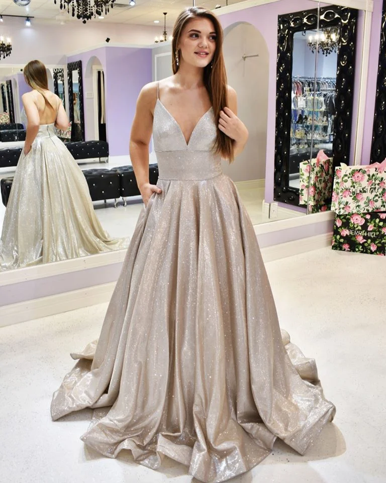 Chic Sequins Long Evening Dress V Neck Spaghetti Strap Y4401